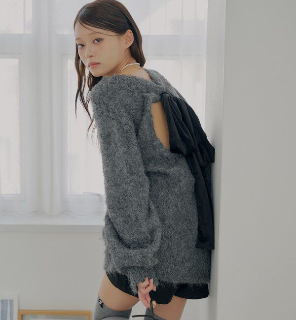  「2wayバックオープンベロアリボンルーズニット」|ニット・セーター|