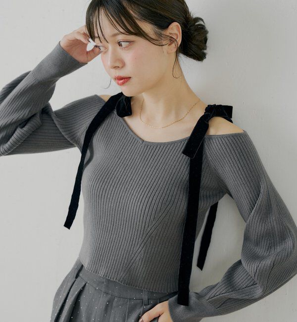  「肩リボンオフショルリブニット」|ニット・セーター|