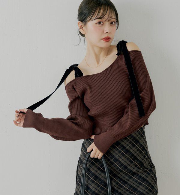  「肩リボンオフショルリブニット」|ニット・セーター|