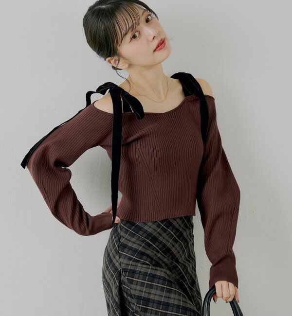 「肩リボンオフショルリブニット」|ニット・セーター|