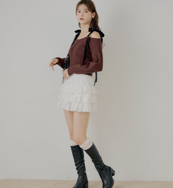  「肩リボンオフショルリブニット」|ニット・セーター|