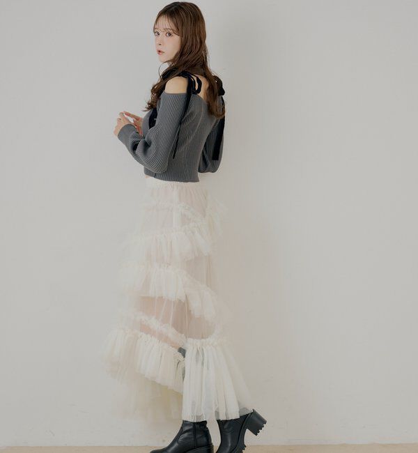  「肩リボンオフショルリブニット」|ニット・セーター|