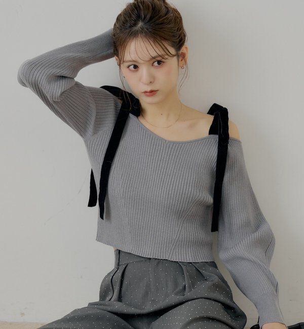  「肩リボンオフショルリブニット」|ニット・セーター|グレー