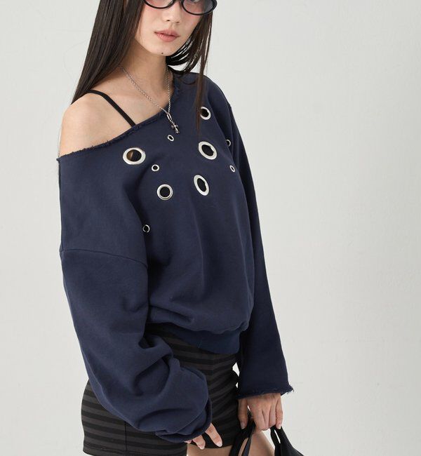  「フロントアイレットオフショルスウェット」|Tシャツ・カットソー|ネイビー