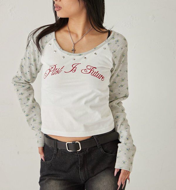  「ワッフルフラワーラグランロゴトップス」|Tシャツ・カットソー|グレー