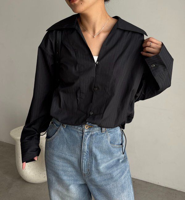  「Vネックストライプショートシャツ」|シャツ・ブラウス|ブラック