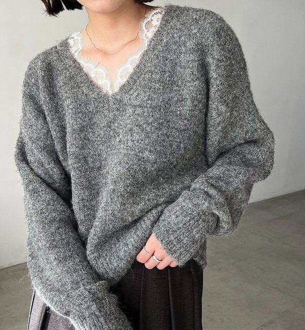  「レーストリミングニット」|ニット・セーター|グレー