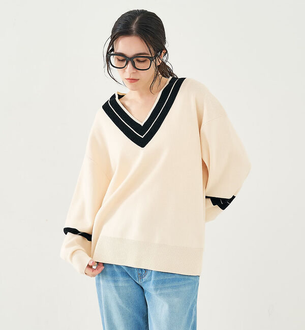 collex「配色ラインVネックニットプルオーバー」|ニット・セーター|
