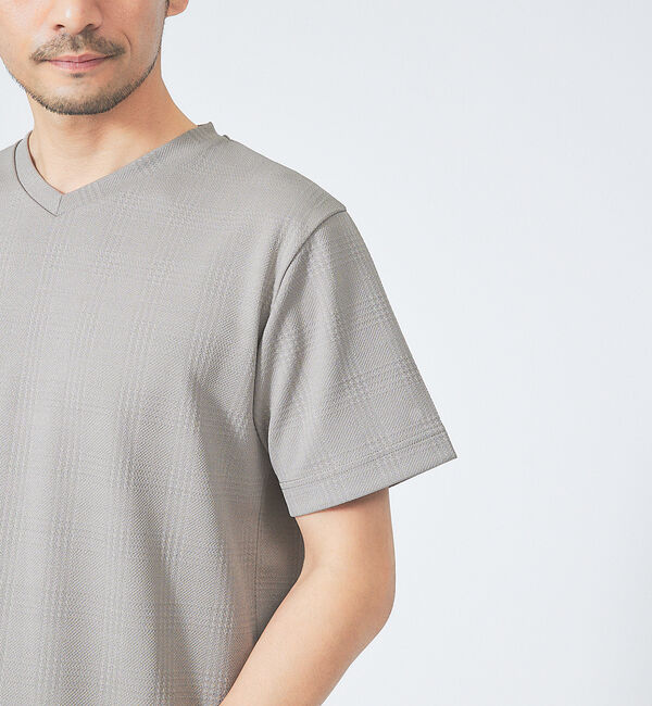 ABAHOUSE「【チェック柄】ジャガード Vネック 半袖 Tシャツ」|Tシャツ・カットソー|