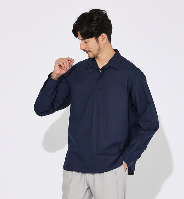 ABAHOUSE「コットンリネン 比翼 プルオーバーシャツ」|シャツ・ブラウス|ネイビー