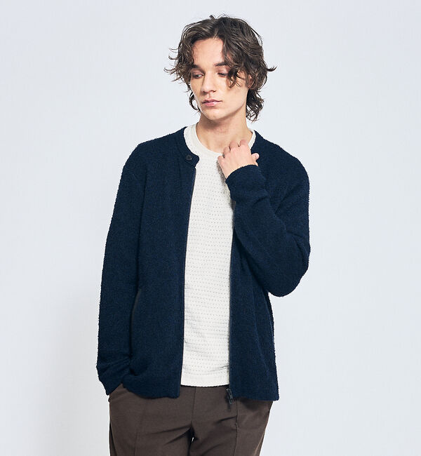 ABAHOUSE「カールヤーン ニットライダース / ニットブルゾン」|ブルゾン・スタジャン|ダークネイビー