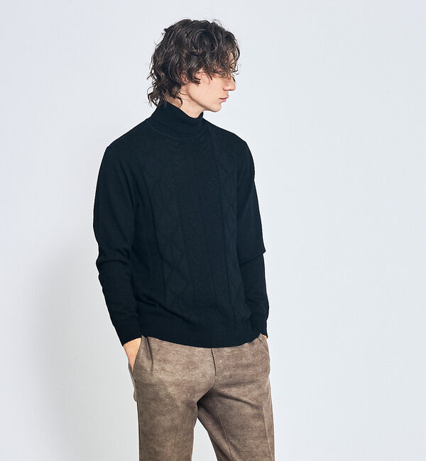 ABAHOUSE「Pure Merino ハイゲージ タートルネックニット / ケーブルニット」|ニット・セーター|ブラック