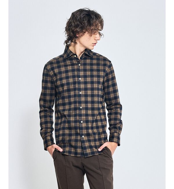 ABAHOUSE「【ON/OFF兼用】ドレスニット ネルツイル＆チェック ワイドカラーシャツ /」|シャツ・ブラウス|ダークベージュ