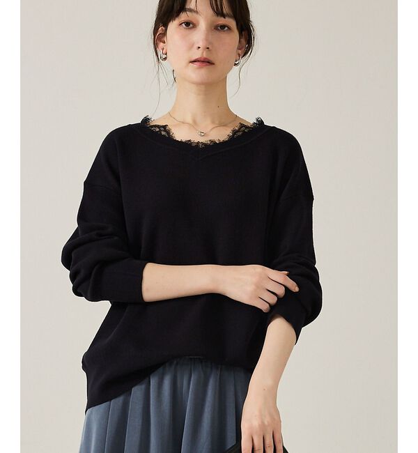 qualite「【トレンドアイテム】Vネックレース付きニット」|ニット・セーター|オフホワイト