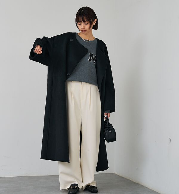 abahouse mavie「【体型カバー】ノーカラーロングコート/冬服/長袖/フォーマル/セミオケ/ウール混」|ノーカラーコート|