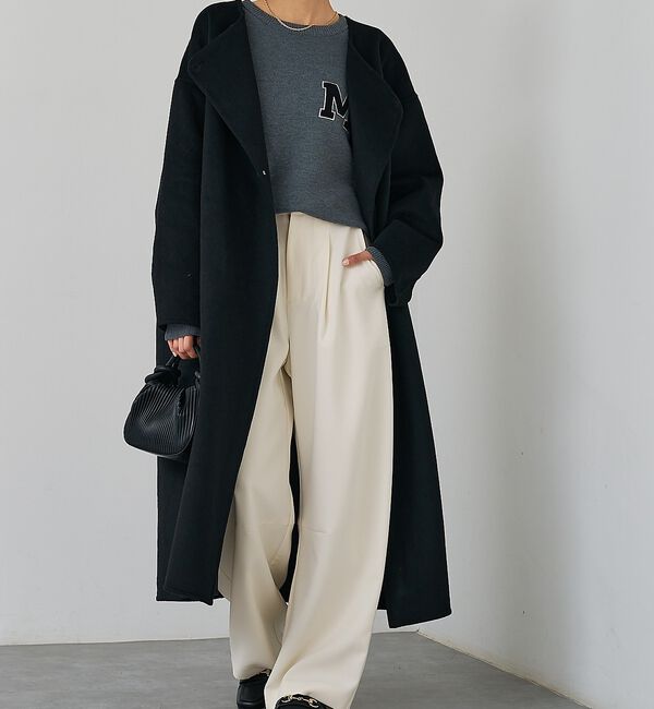 abahouse mavie「【体型カバー】ノーカラーロングコート/冬服/長袖/フォーマル/セミオケ/ウール混」|ノーカラーコート|