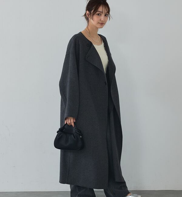 abahouse mavie「【体型カバー】ノーカラーロングコート/冬服/長袖/フォーマル/セミオケ/ウール混」|ノーカラーコート|