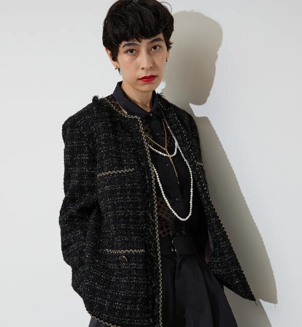 Liesse「ブレード使いノーカラーツイードジャケット」|ノーカラージャケット|ブラック