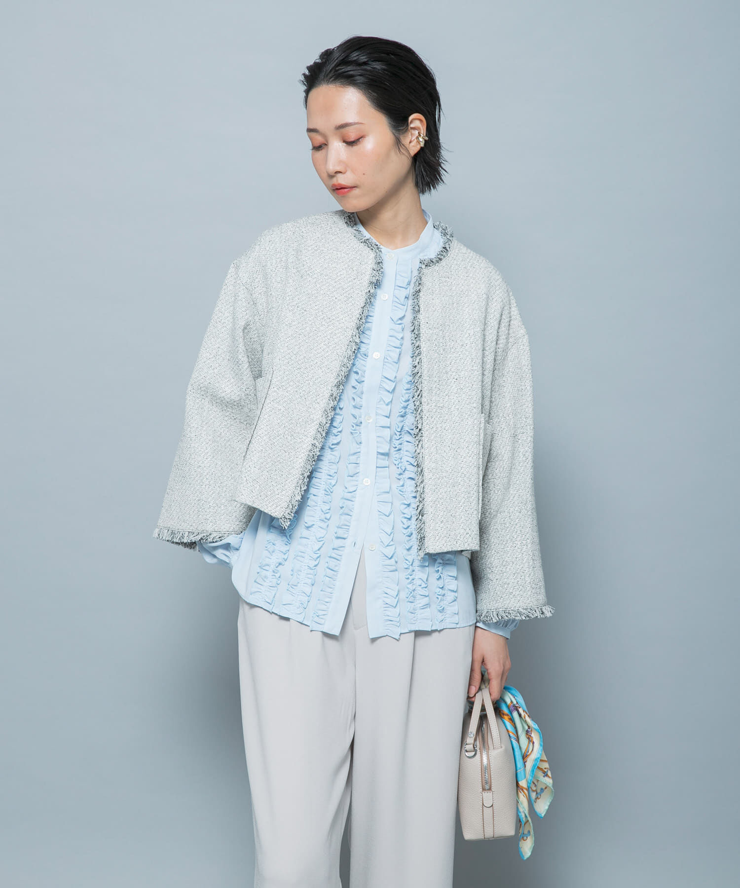 URBAN RESEARCH ROSSO「ツイードショートジャケット」|ノーカラージャケット|