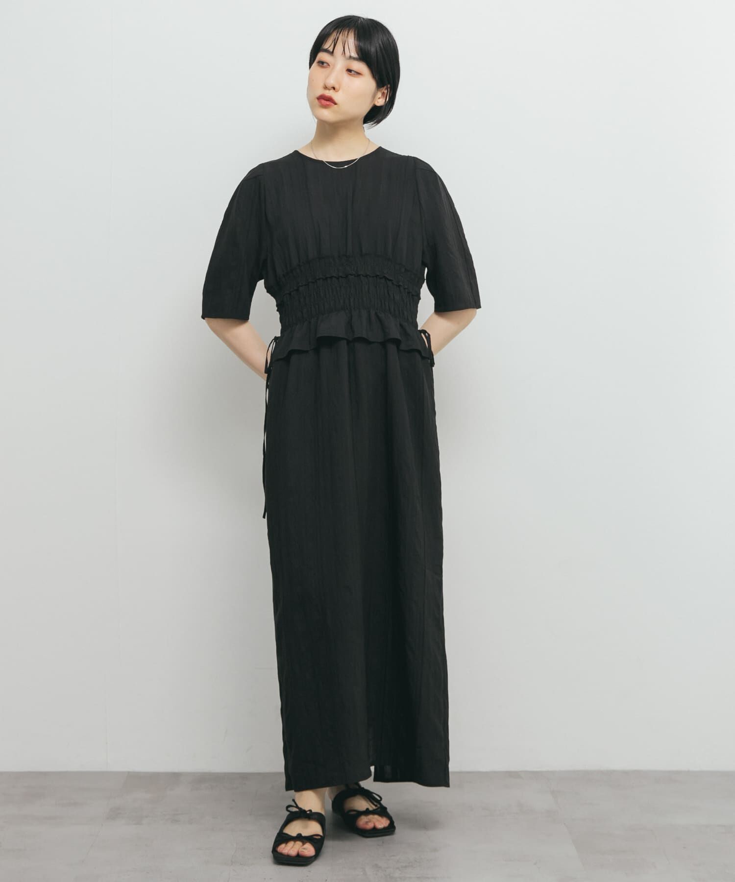  「フリルシャーリングドッキングワンピース」|ワンピース|ブラック