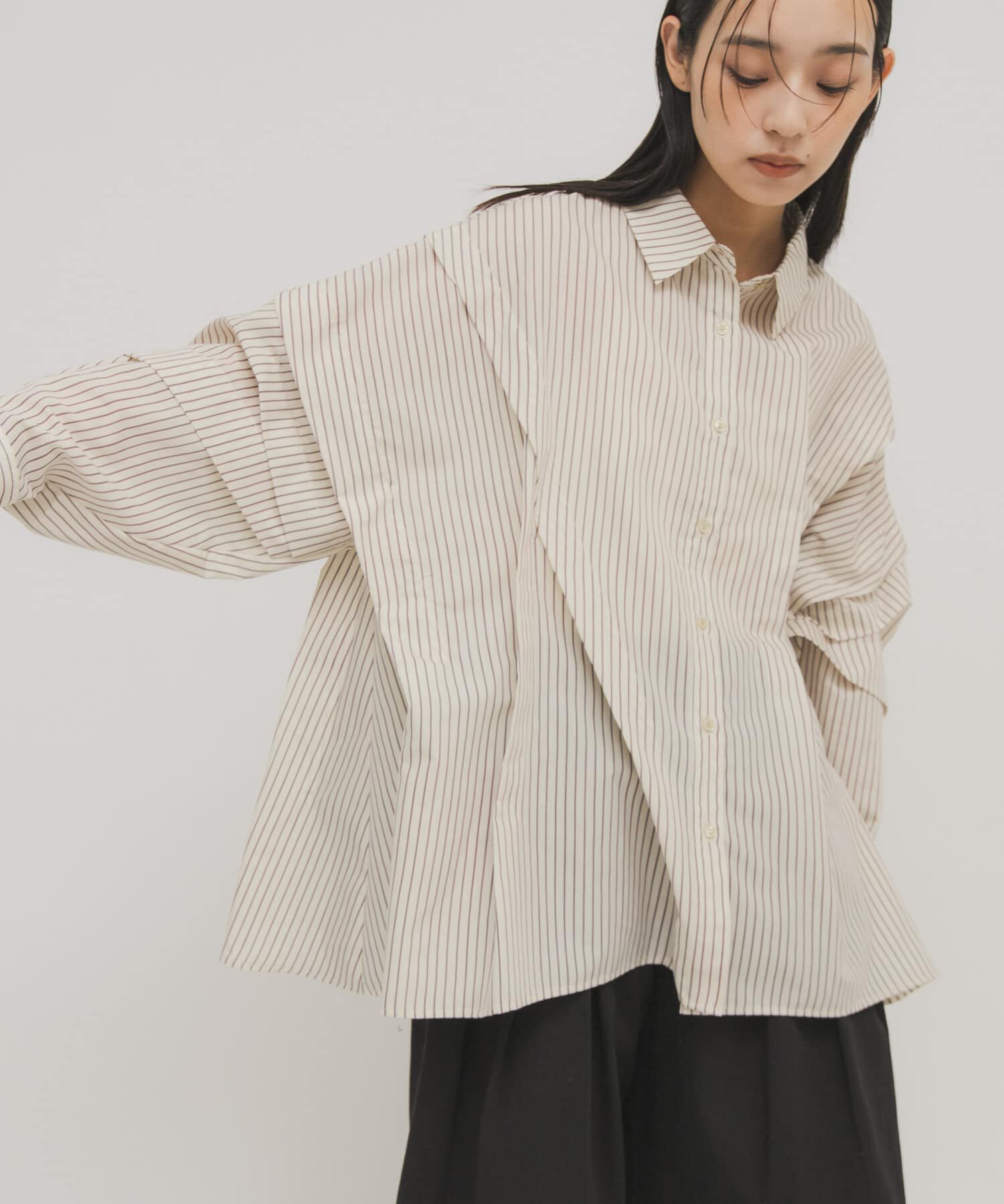  「ランダムタックデザインストライプシャツ」|シャツ・ブラウス|ベージュ系その他