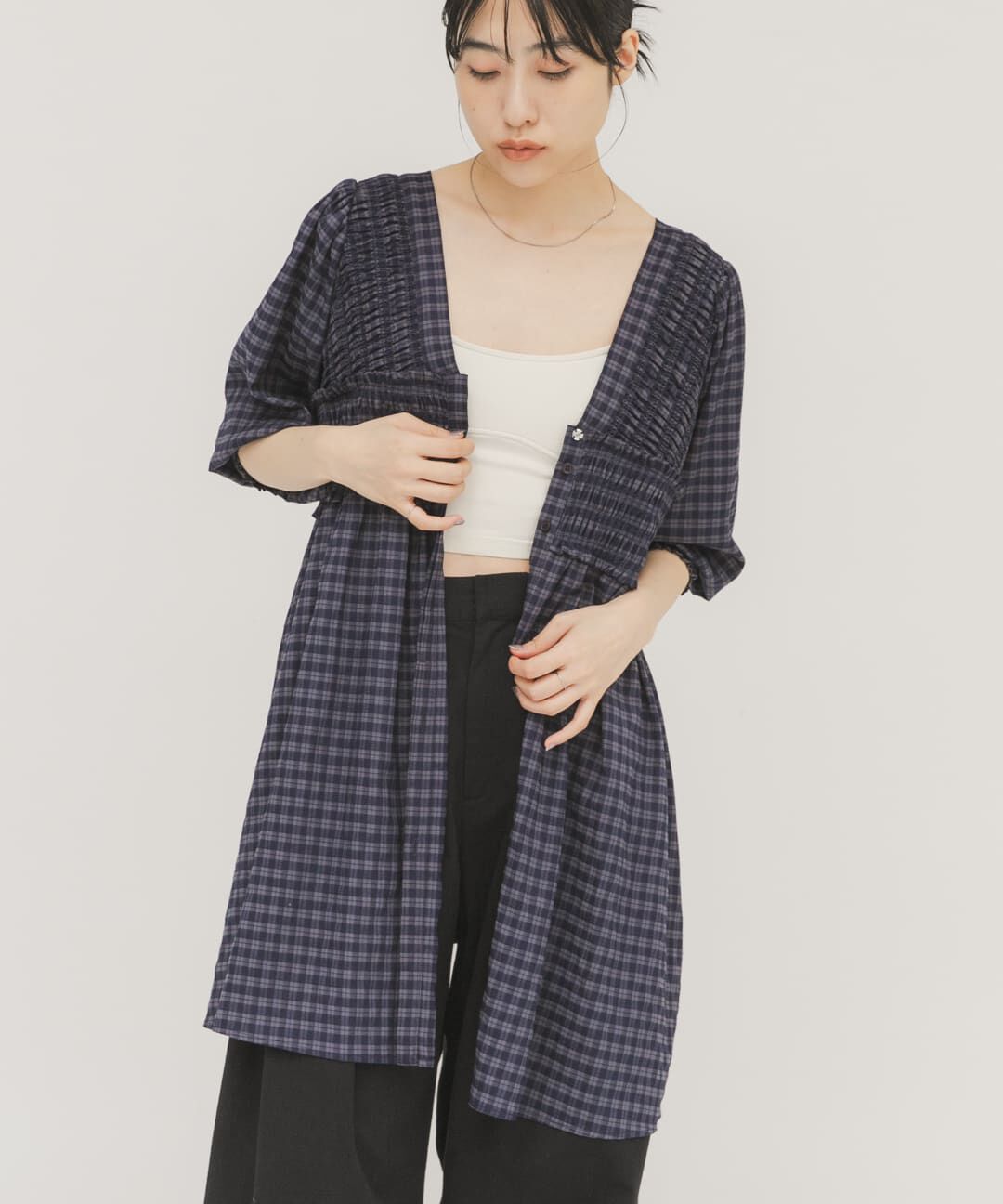  「2WAYシャーリングチェックミニワンピース」|ワンピース|