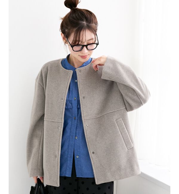  「ニットビーバーノーカラーミドルコート」|ノーカラーコート|