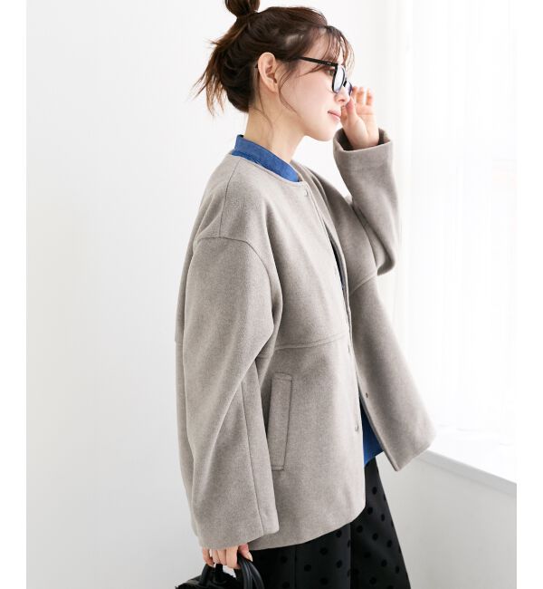  「ニットビーバーノーカラーミドルコート」|ノーカラーコート|