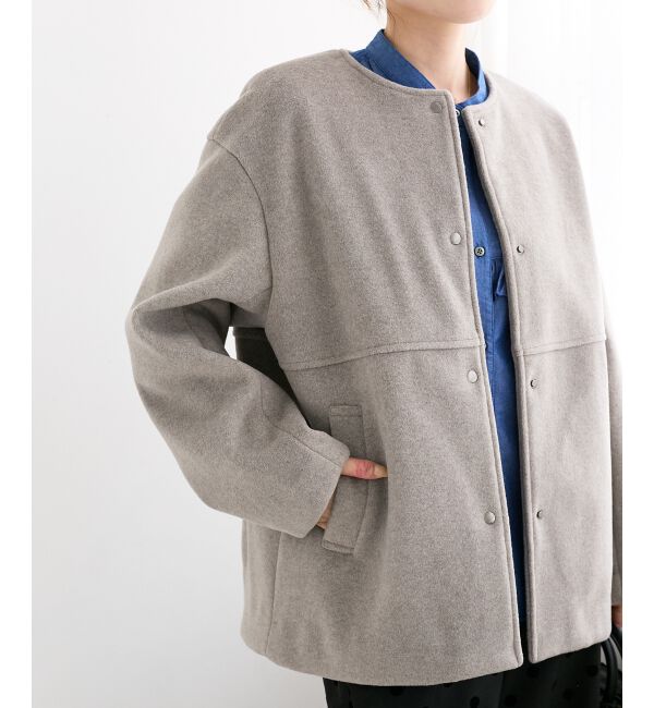  「ニットビーバーノーカラーミドルコート」|ノーカラーコート|