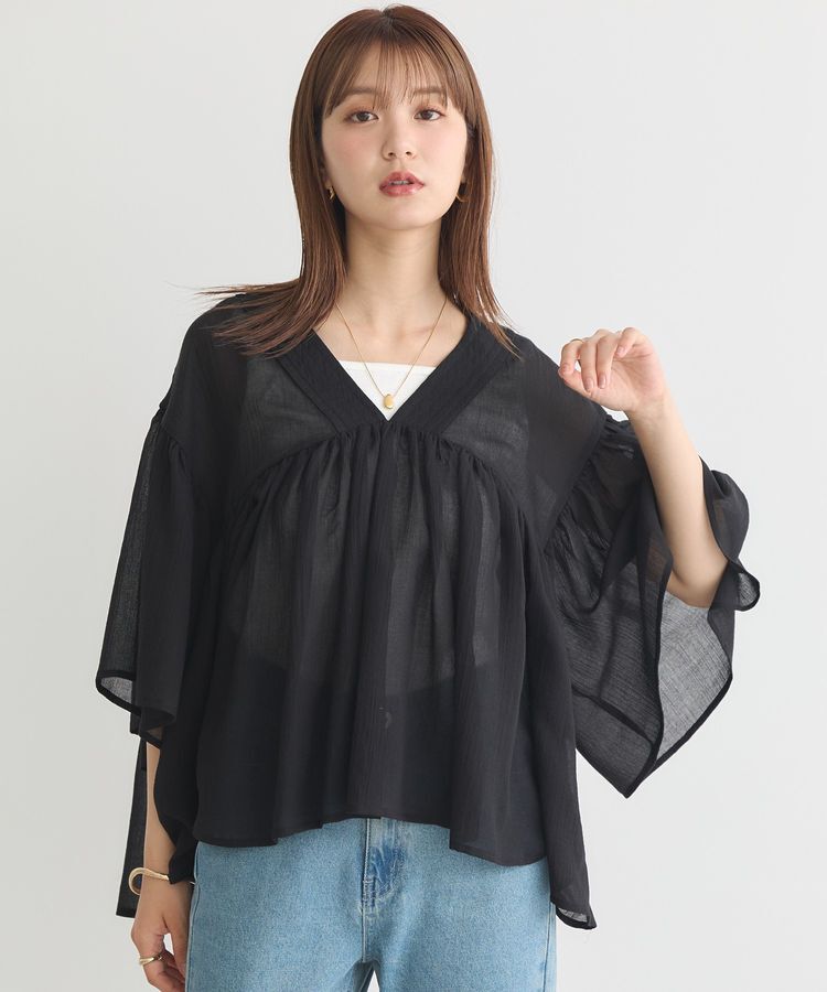 earth music&ecology「Vネックギャザーブラウス」|シャツ・ブラウス|Black