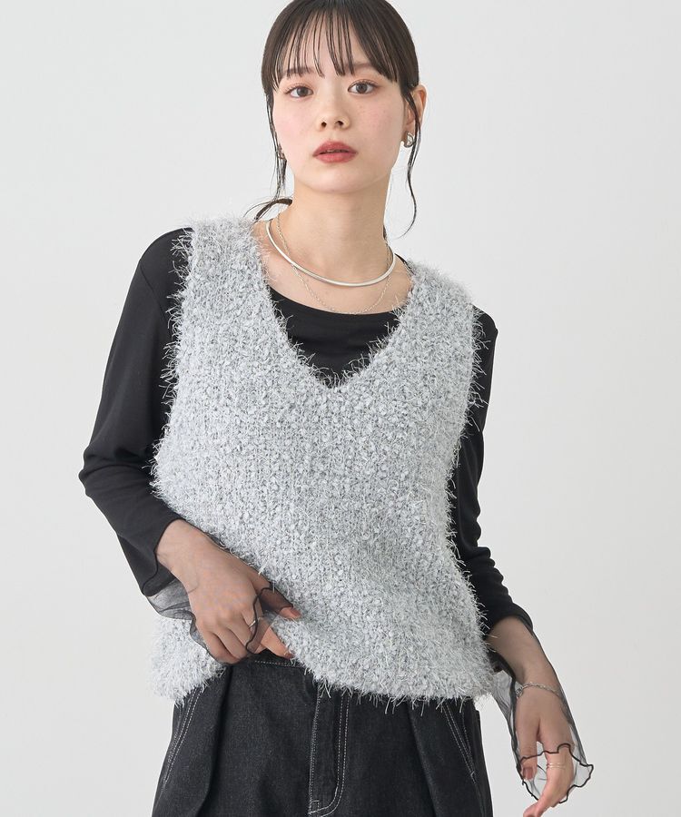 earth music&ecology「ポンポンヤーンベスト」|ベスト・ジレ|Light Gray