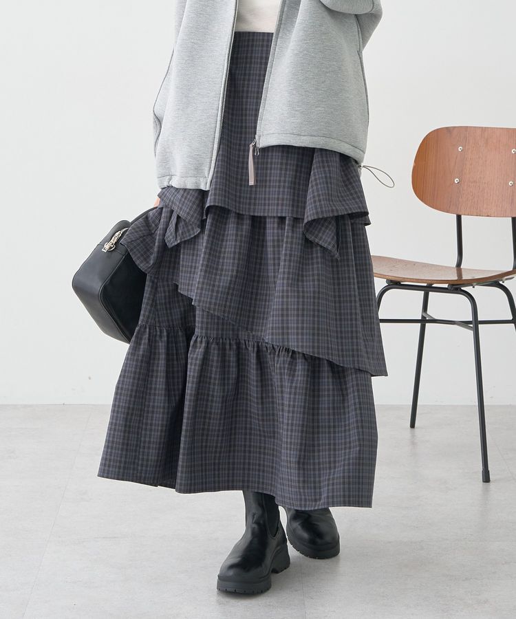 earth music&ecology「ハイウエストランダムティアードチェックスカート」|フレア|