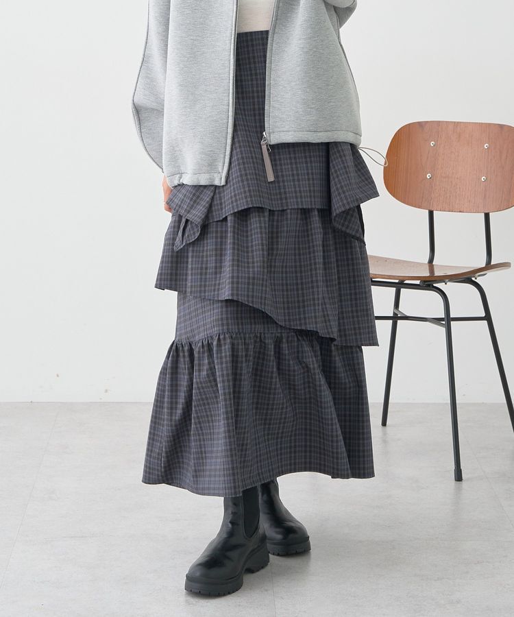 earth music&ecology「ハイウエストランダムティアードチェックスカート」|フレア|