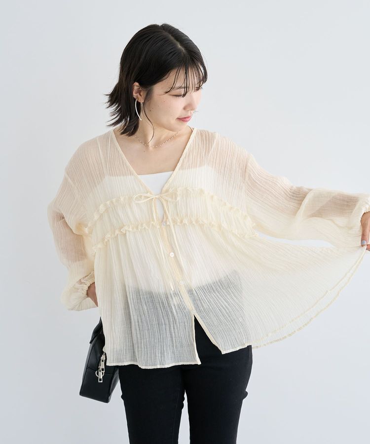 Green Parks「Vネックフリルシアープリーツブラウス」|シャツ・ブラウス|