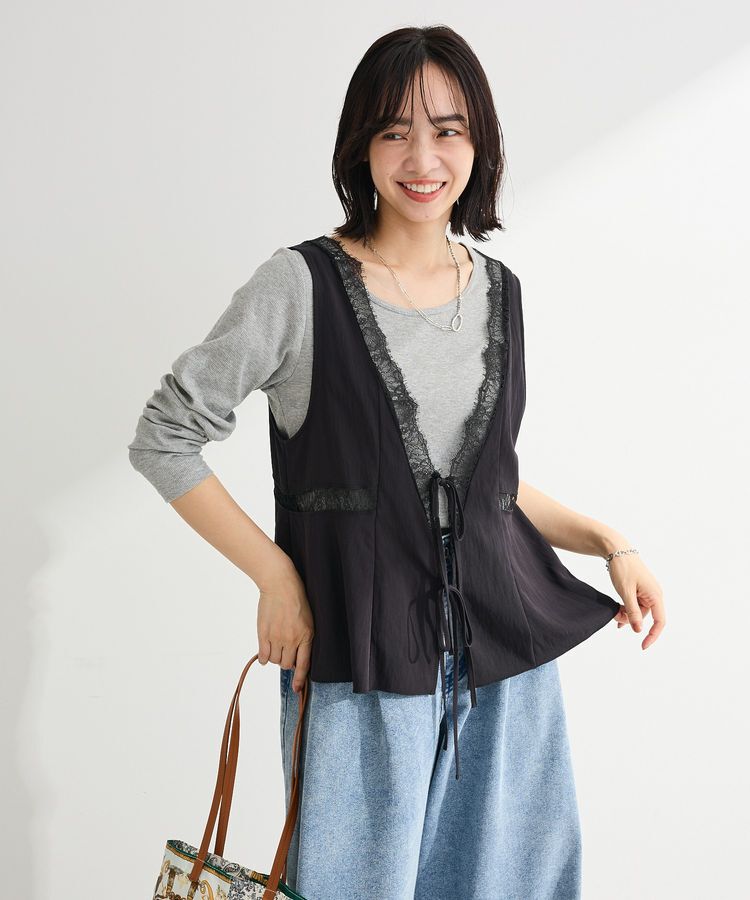 Green Parks「ランジェリー風サテンビスチェ」|ベスト・ジレ|Black