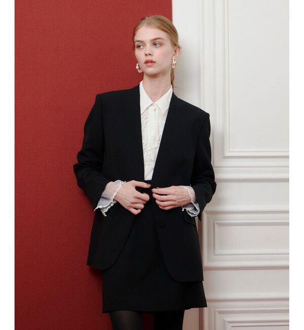 LOULOU WILLOUGHBY「【LOULOU WILLOUGHBY】ダブルクロスノーカラーリボンジャケット」|ノーカラージャケット|