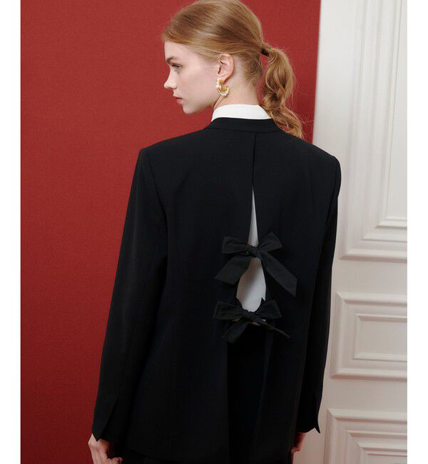 LOULOU WILLOUGHBY「【LOULOU WILLOUGHBY】ダブルクロスノーカラーリボンジャケット」|ノーカラージャケット|