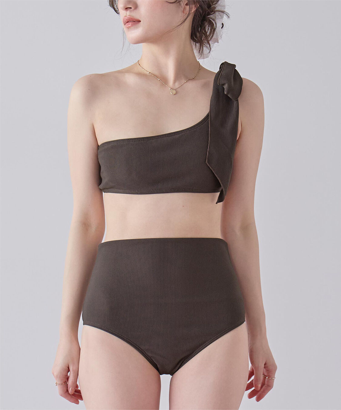 SEA DRESS「ワンショルダーデザインリブビキニ」|ビキニ|ダークブラウン