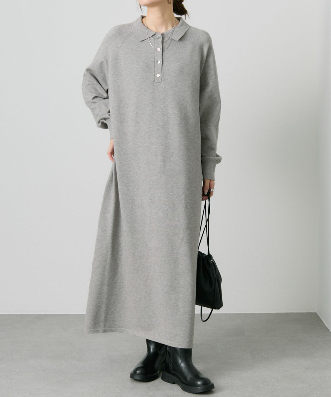  「ニットポロワンピース」|ワンピース|グレー