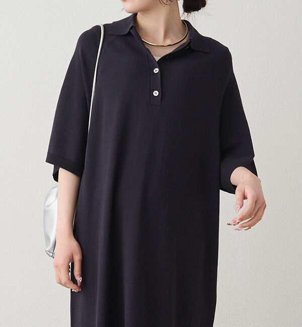  「ニットポロワンピース」|ワンピース|ネイビー