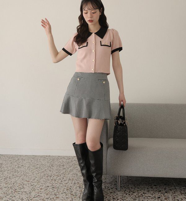  「金ボタン配色衿ニットトップス」|ニット・セーター|