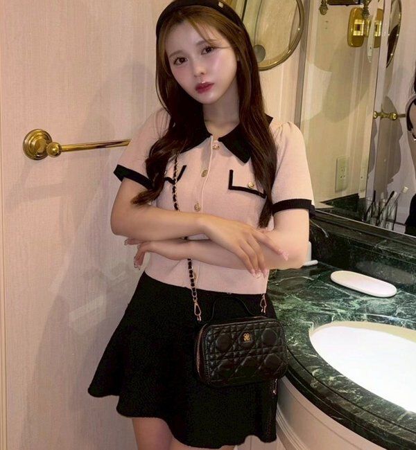  「金ボタン配色衿ニットトップス」|ニット・セーター|