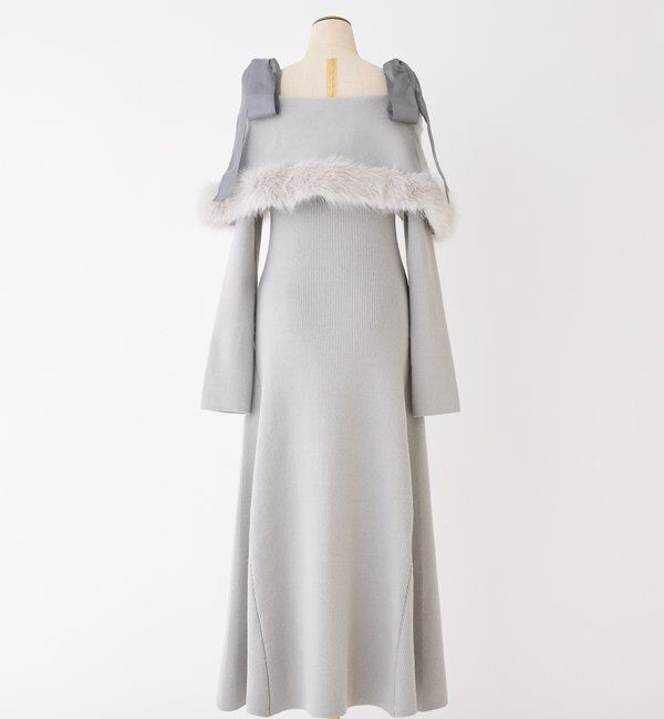  「リボン取り外し可能オフショルファーニットワンピース」|ワンピース|