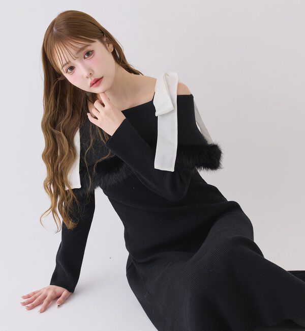  「リボン取り外し可能オフショルファーニットワンピース」|ワンピース|