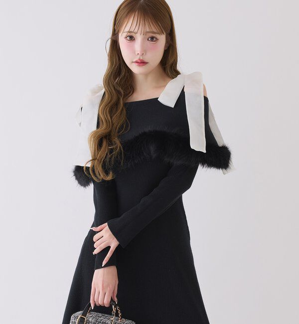  「リボン取り外し可能オフショルファーニットワンピース」|ワンピース|