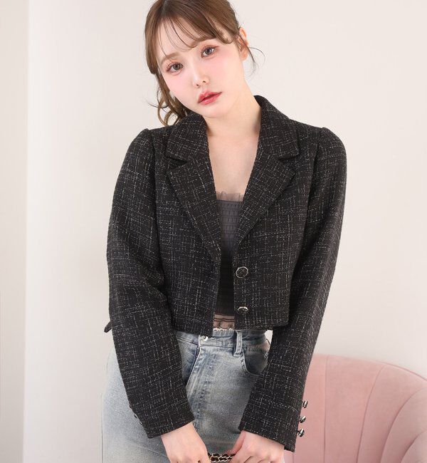  「サイドベルトツイードショートジャケット」|ダウンベスト・ベスト|