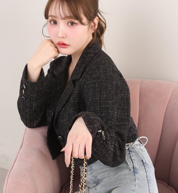  「サイドベルトツイードショートジャケット」|ダウンベスト・ベスト|