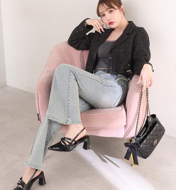  「サイドベルトツイードショートジャケット」|ダウンベスト・ベスト|