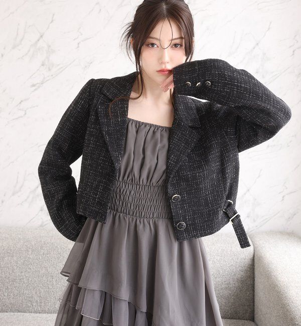  「サイドベルトツイードショートジャケット」|ダウンベスト・ベスト|