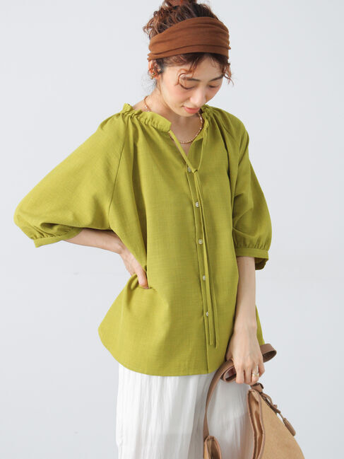 Lugnoncure「【接触冷感】麻調フリル衿ブラウス」|シャツ・ブラウス|イエロー